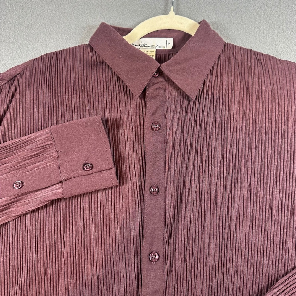 Andrew Fezza Mens Plum Burgundy Pleated Plisse Button Down Shirt CA810 Size M